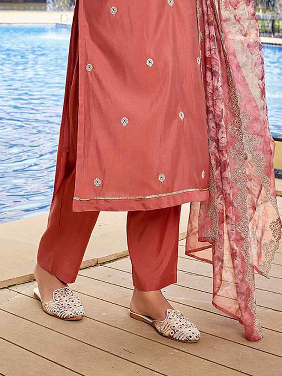 Peach Silk Blend Embroidery Party Wedding Festival Casual Ready Pant Salwar Kameez