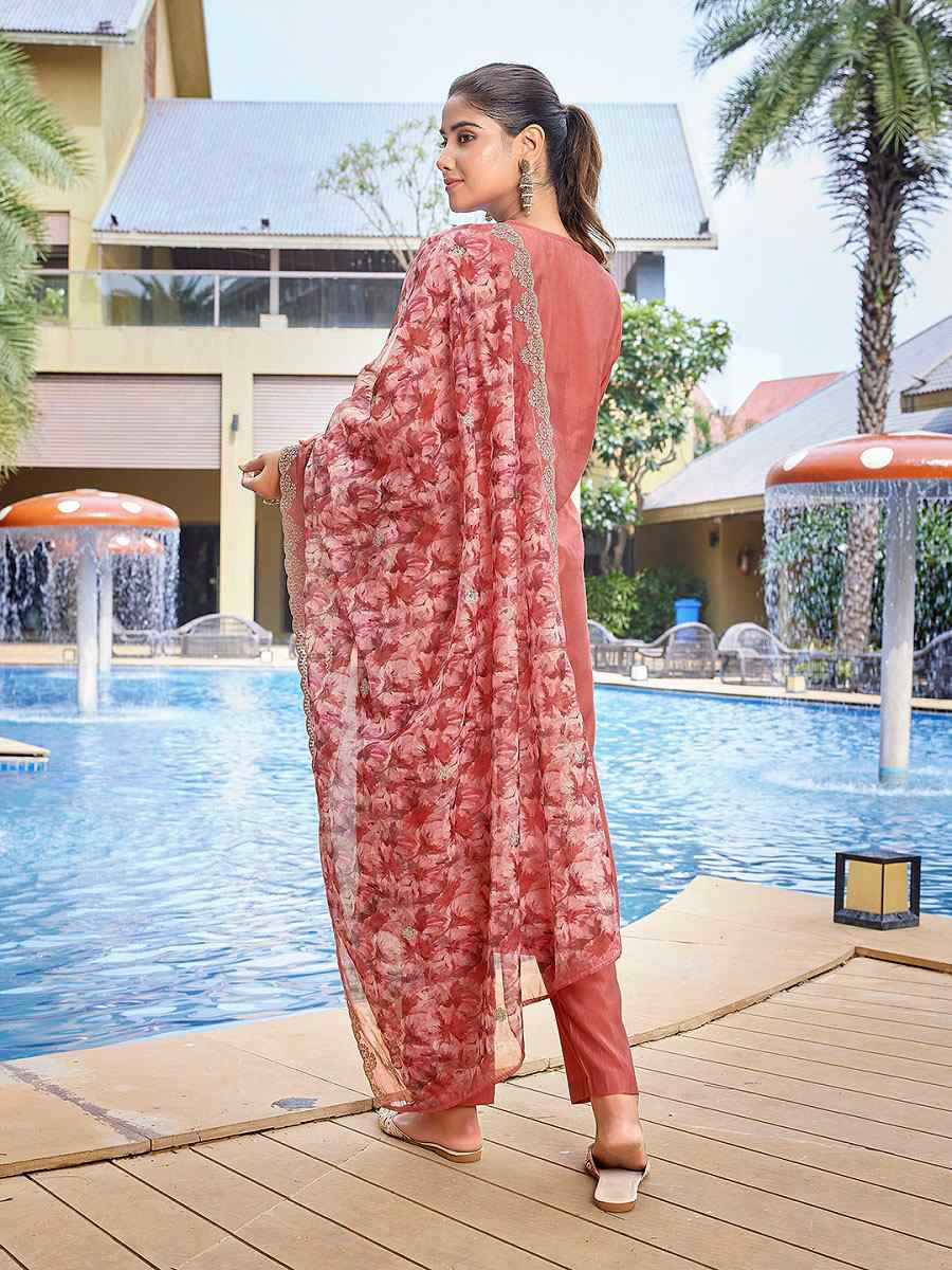 Peach Silk Blend Embroidery Party Wedding Festival Casual Ready Pant Salwar Kameez
