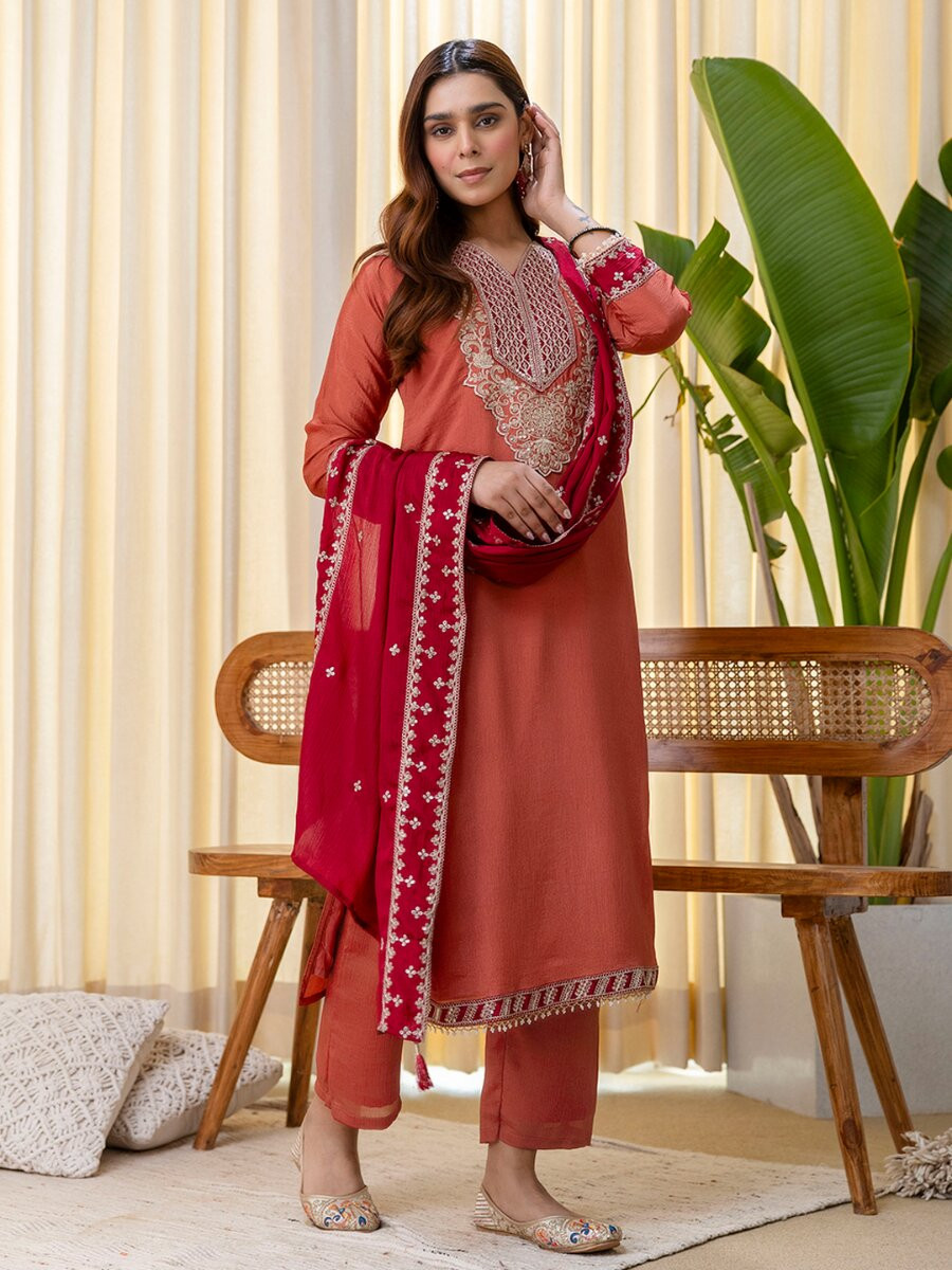 Peach Silk Blend Embroidery Wedding Festival Casual Party Ready Pant Salwar Kameez