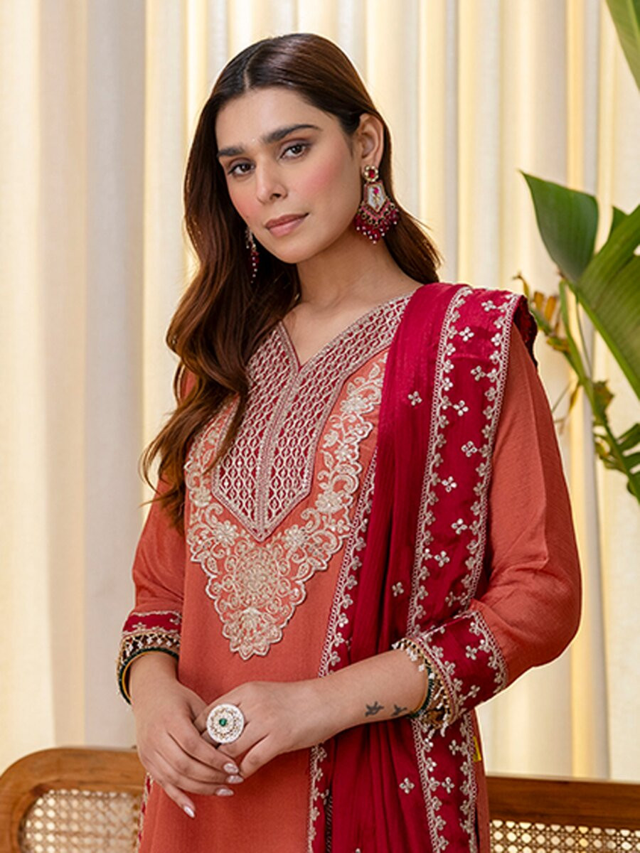 Peach Silk Blend Embroidery Wedding Festival Casual Party Ready Pant Salwar Kameez