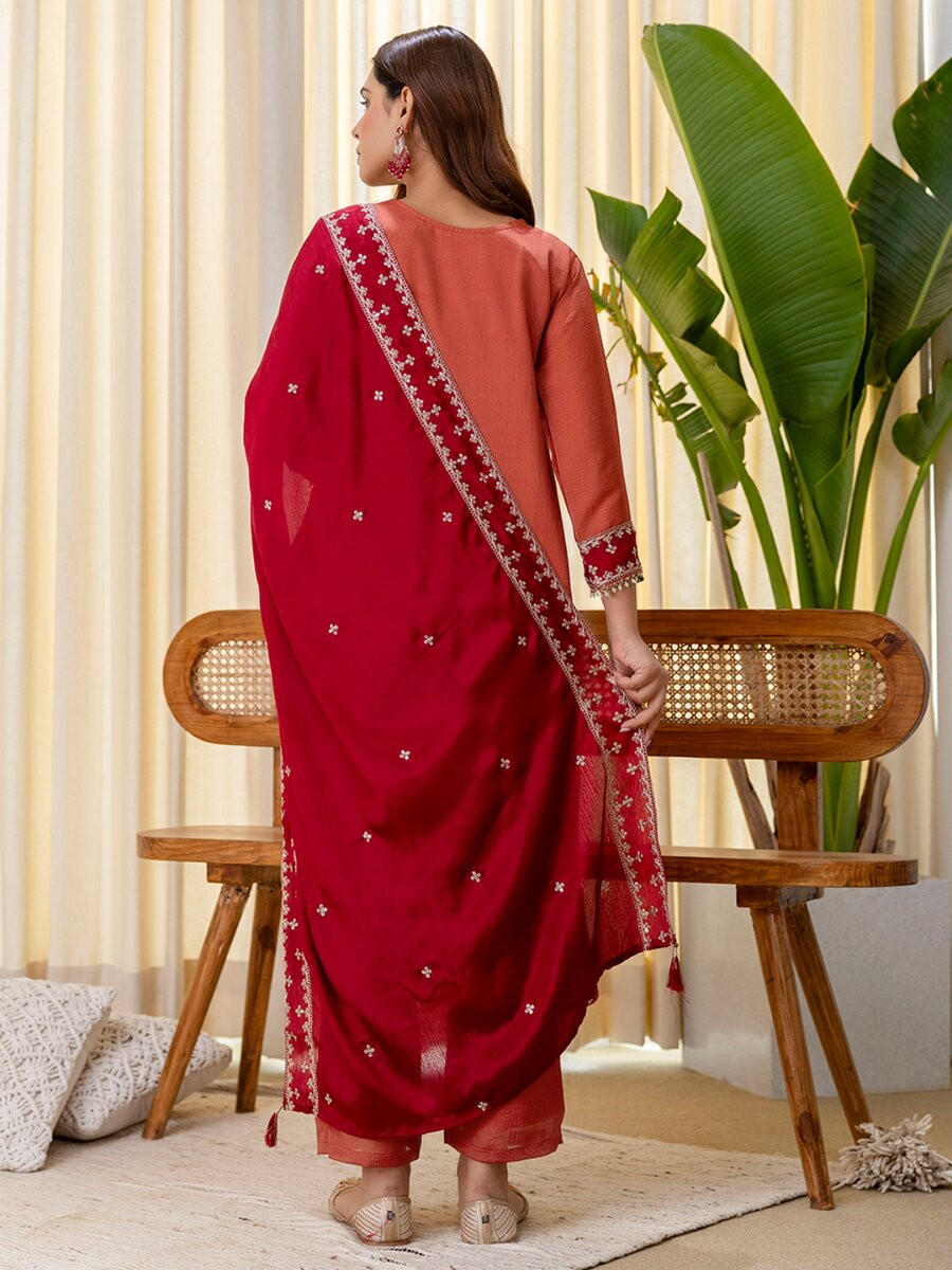 Peach Silk Blend Embroidery Wedding Festival Casual Party Ready Pant Salwar Kameez