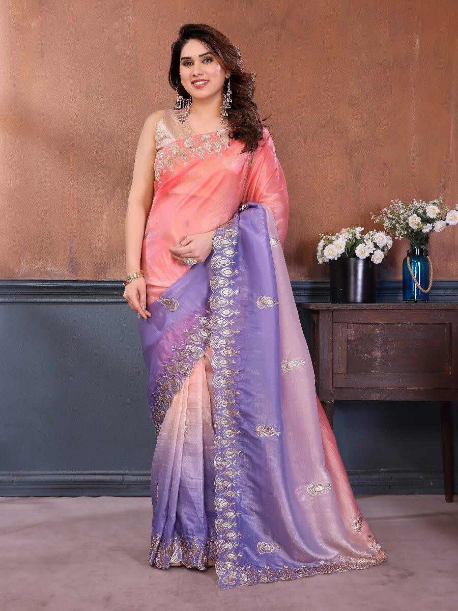 Peach Silk Blend Embroidery Wedding Reception Party Festival Casual Heavy Border Sarees