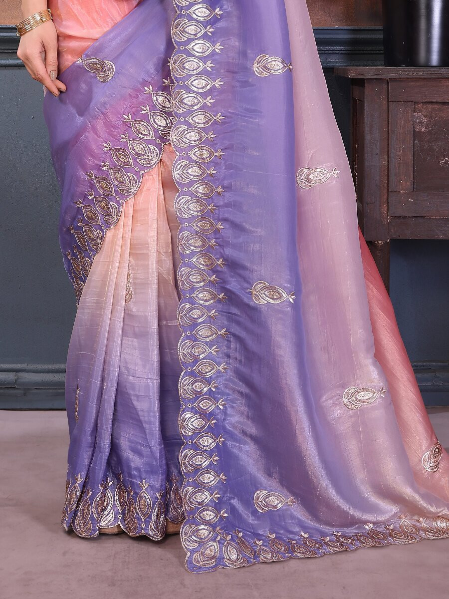 Peach Silk Blend Embroidery Wedding Reception Party Festival Casual Heavy Border Sarees