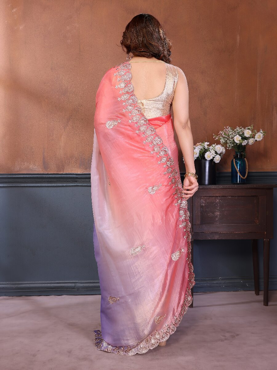 Peach Silk Blend Embroidery Wedding Reception Party Festival Casual Heavy Border Sarees