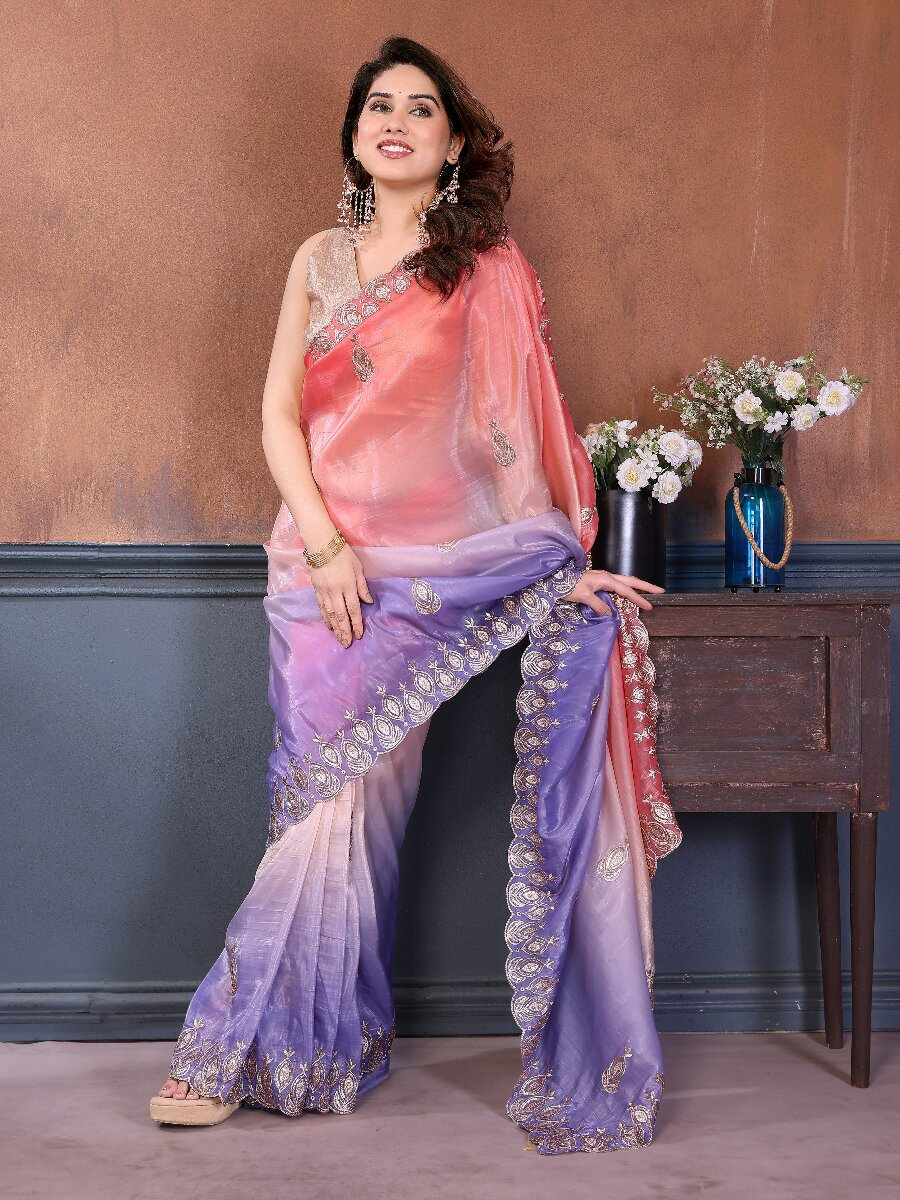 Peach Silk Blend Embroidery Wedding Reception Party Festival Casual Heavy Border Sarees