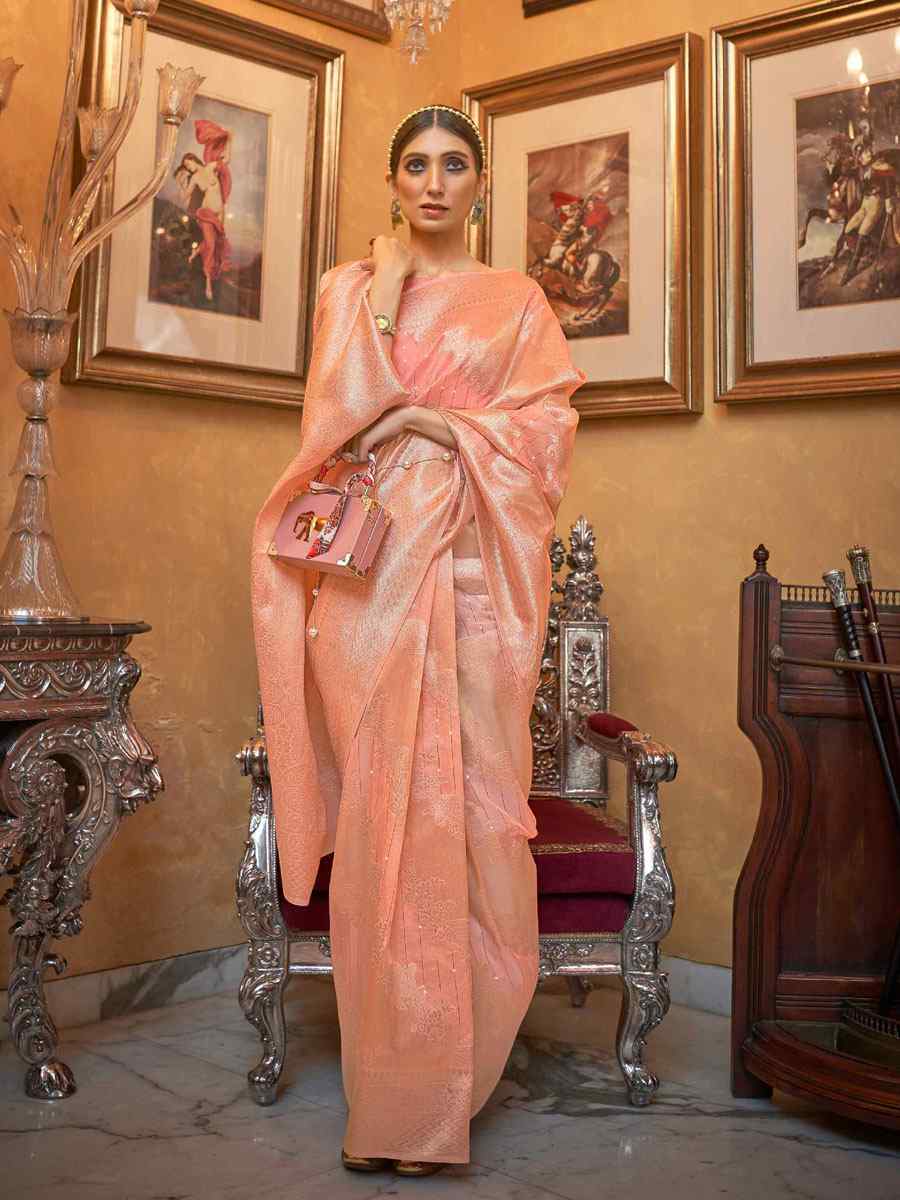 Peach Silk Brocade Wedding Party Contemporary Saree