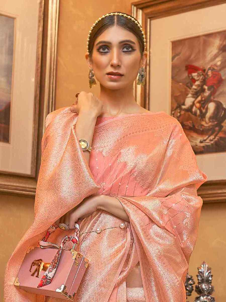 Peach Silk Brocade Wedding Party Contemporary Saree