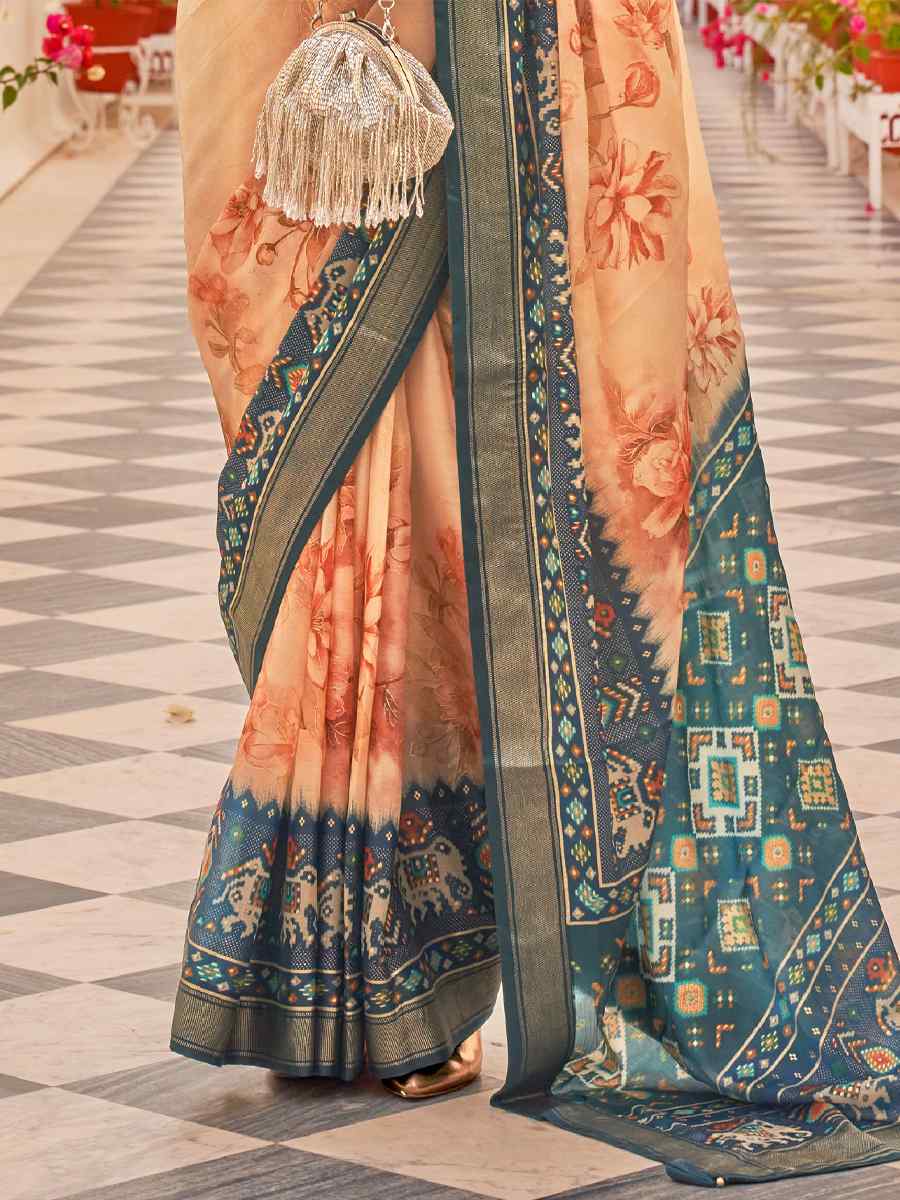 Peach Silk Chiffon Printed Party Festival Contemporary Saree