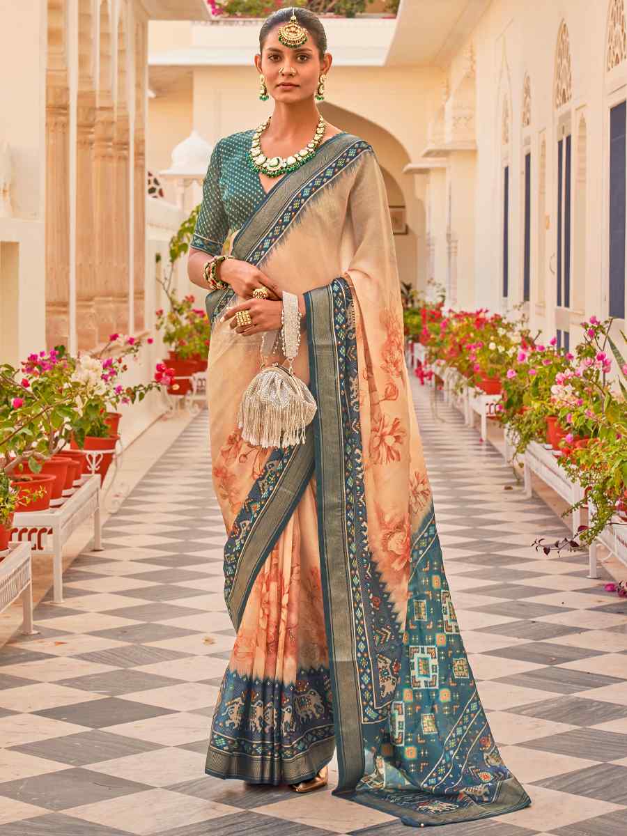 Peach Silk Chiffon Printed Party Festival Contemporary Saree