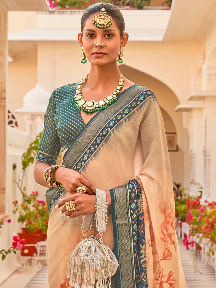 Peach Silk Chiffon Printed Party Festival Contemporary Saree