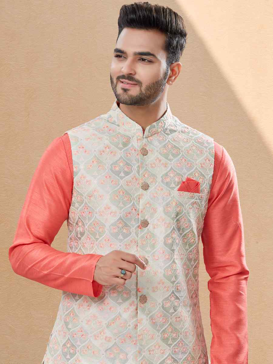 Peach Silk Dupion Woven Festival Party Kurta