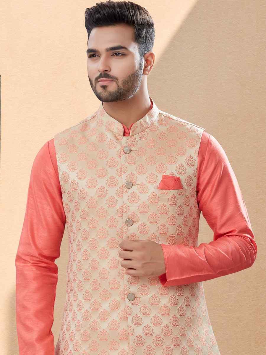 Peach Silk Dupion Woven Festival Party Kurta