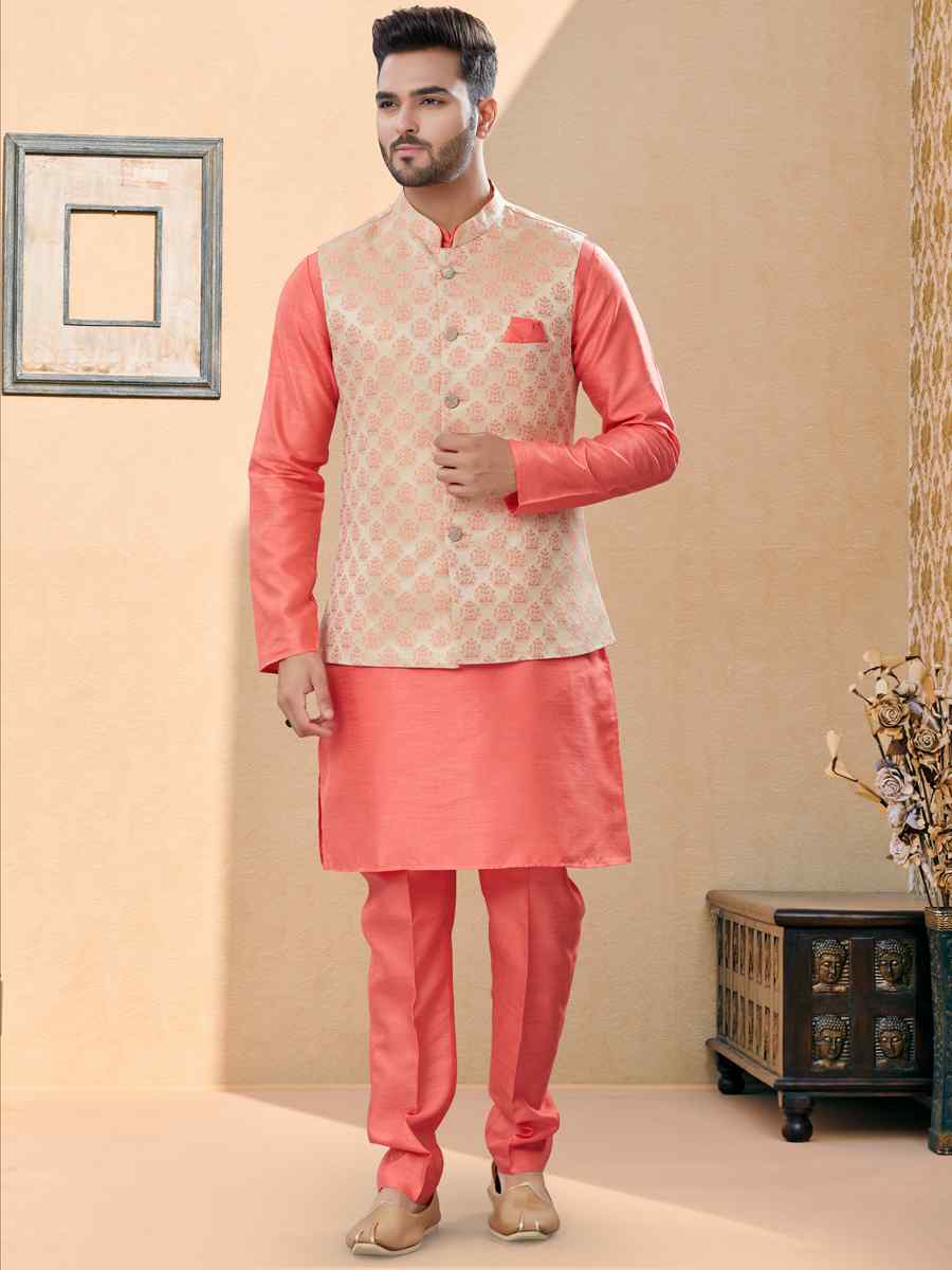 Peach Silk Dupion Woven Festival Party Kurta