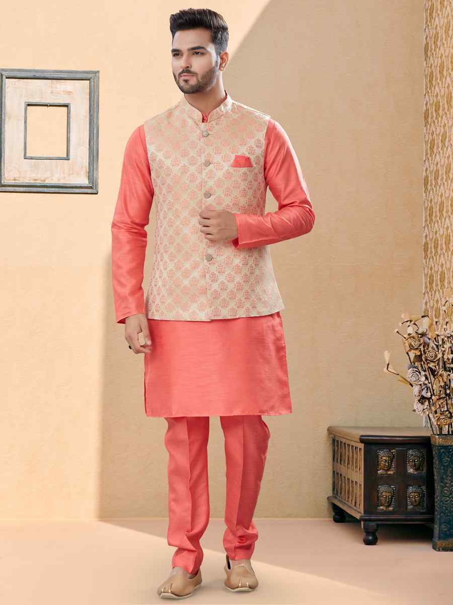 Peach Silk Dupion Woven Festival Party Kurta