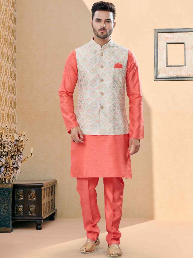 Peach Silk Dupion Woven Festival Party Kurta