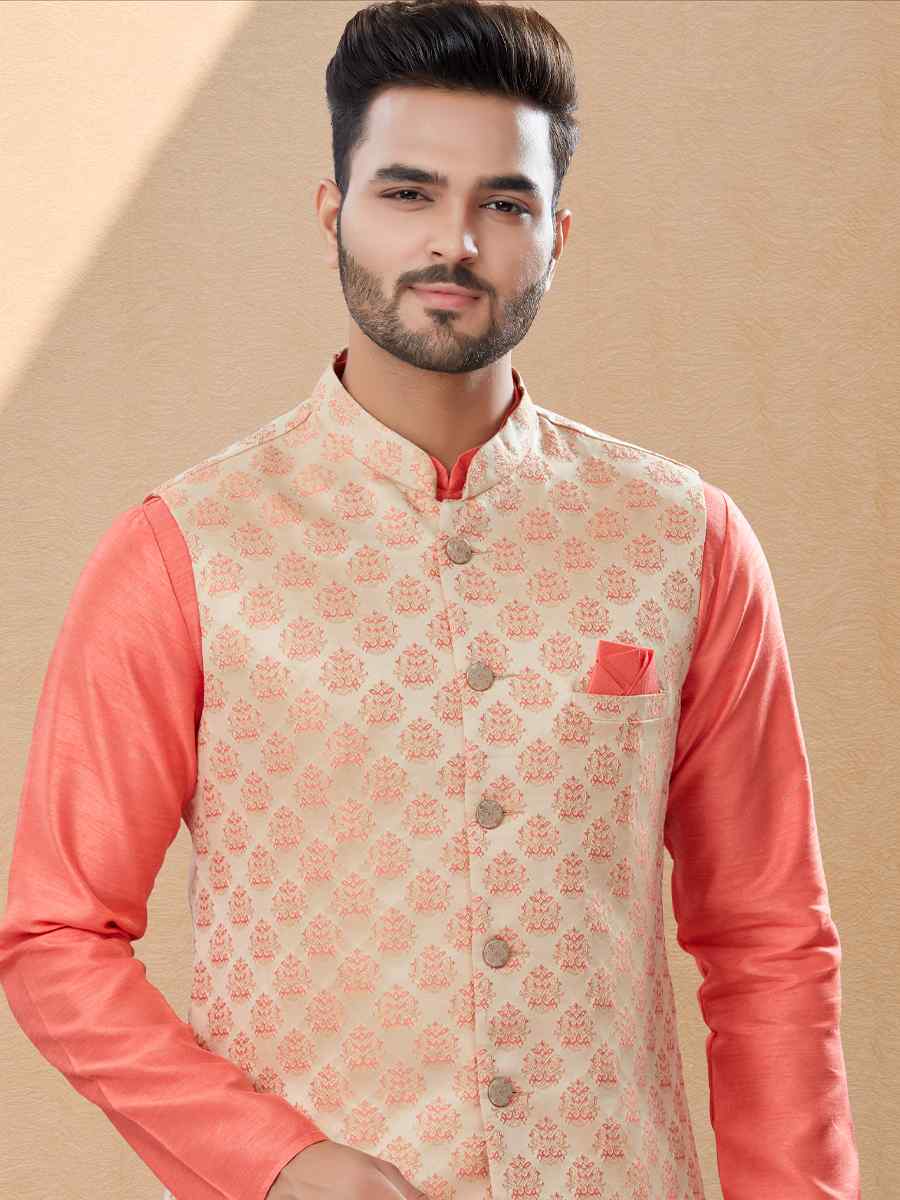 Peach Silk Dupion Woven Festival Party Kurta