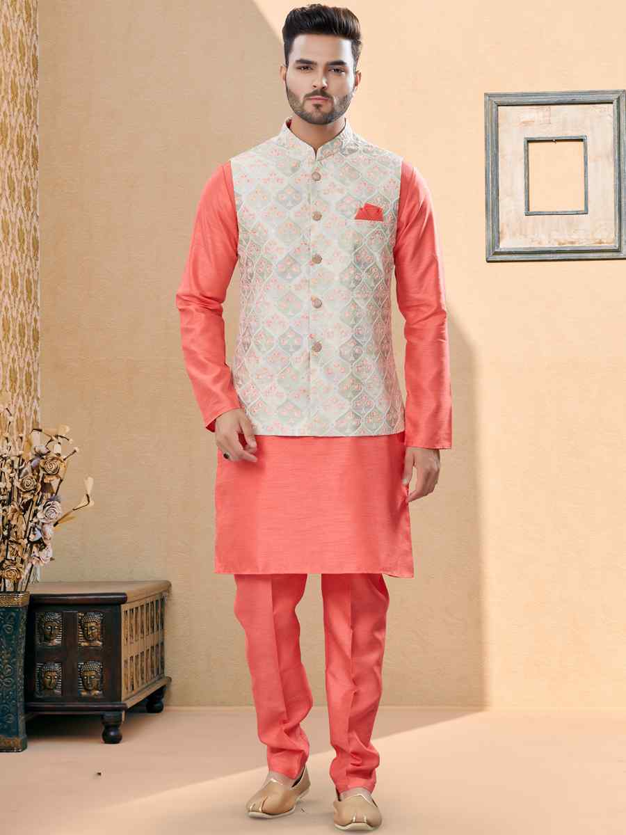 Peach Silk Dupion Woven Festival Party Kurta