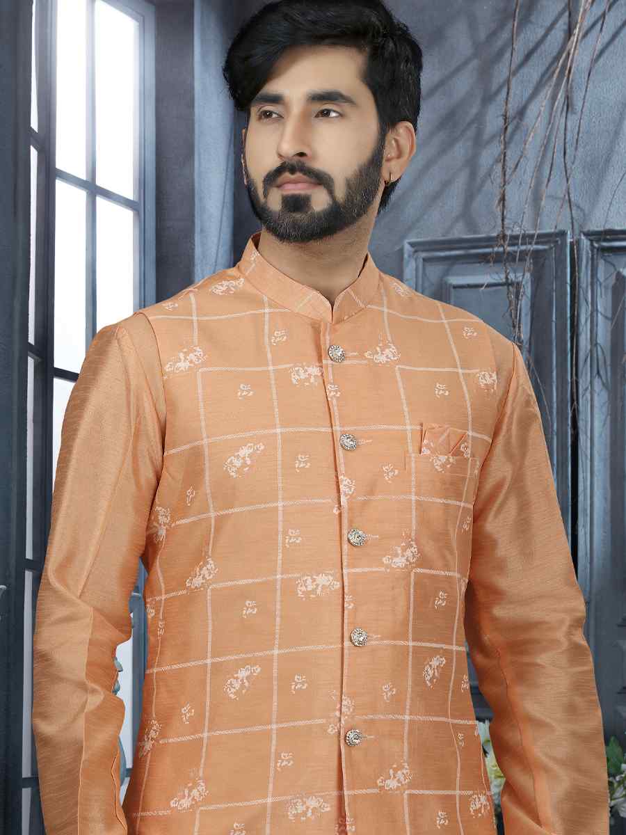 Peach Silk Dupion Woven Festival Wedding Sherwani