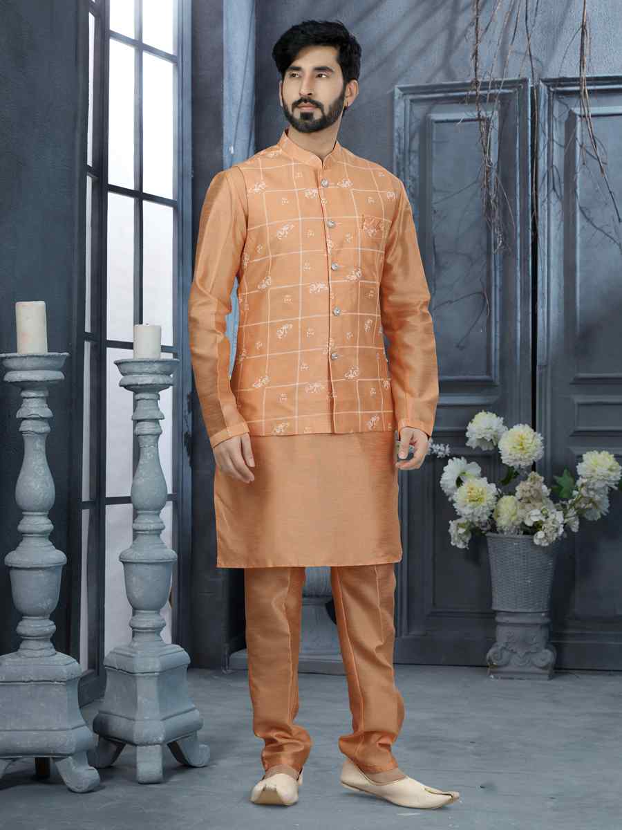 Peach Silk Dupion Woven Festival Wedding Sherwani