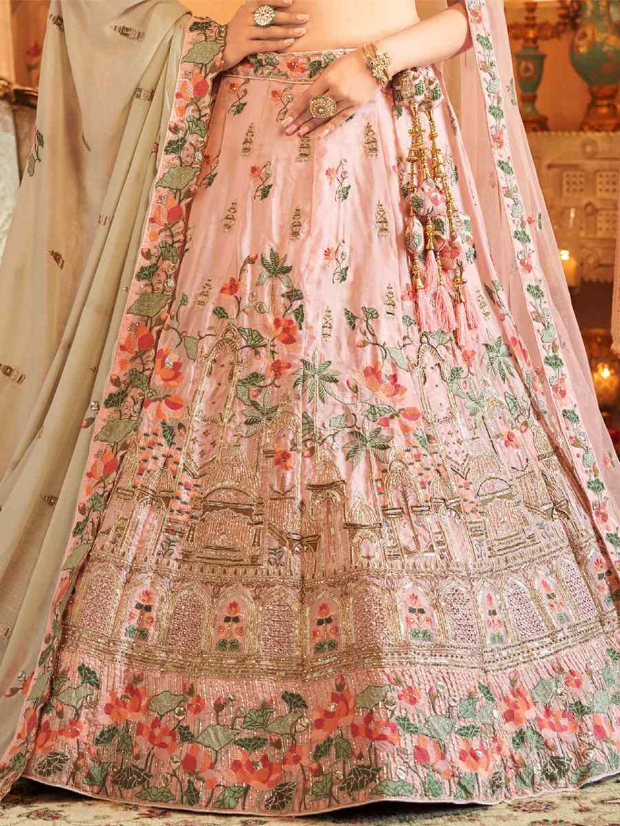 Peach Silk Embroidered Bridal Reception Heavy Border Lehenga Choli