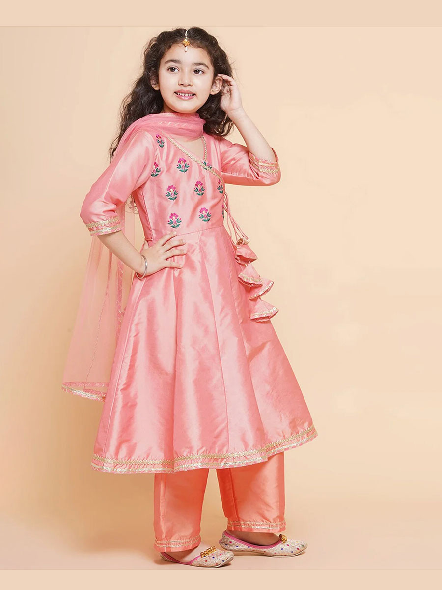 Peach Silk Embroidered Ethnic Casual Festival Party Wedding Salwars Girls Wear