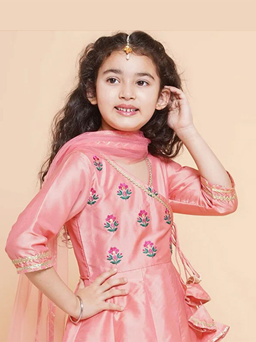 Peach Silk Embroidered Ethnic Casual Festival Party Wedding Salwars Girls Wear