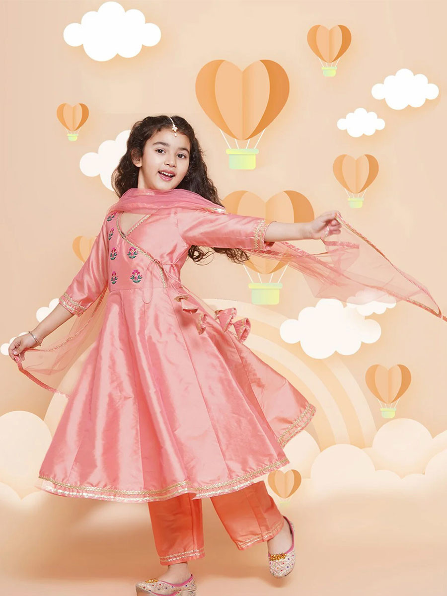 Peach Silk Embroidered Ethnic Casual Festival Party Wedding Salwars Girls Wear