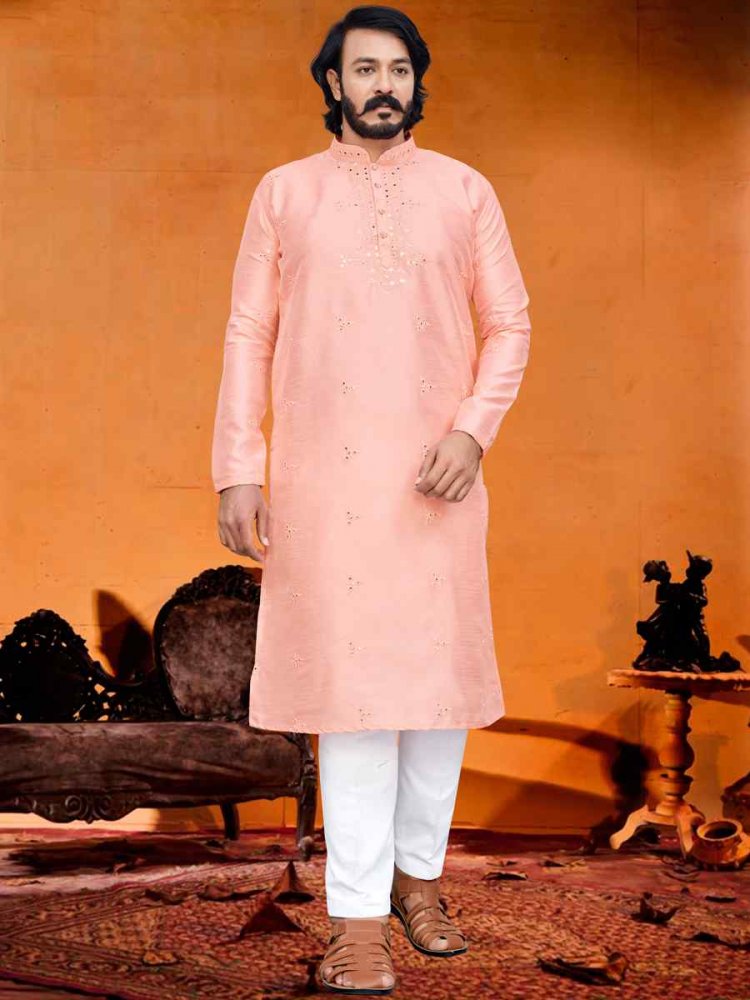 Peach Silk Embroidered Festival Casual Kurta