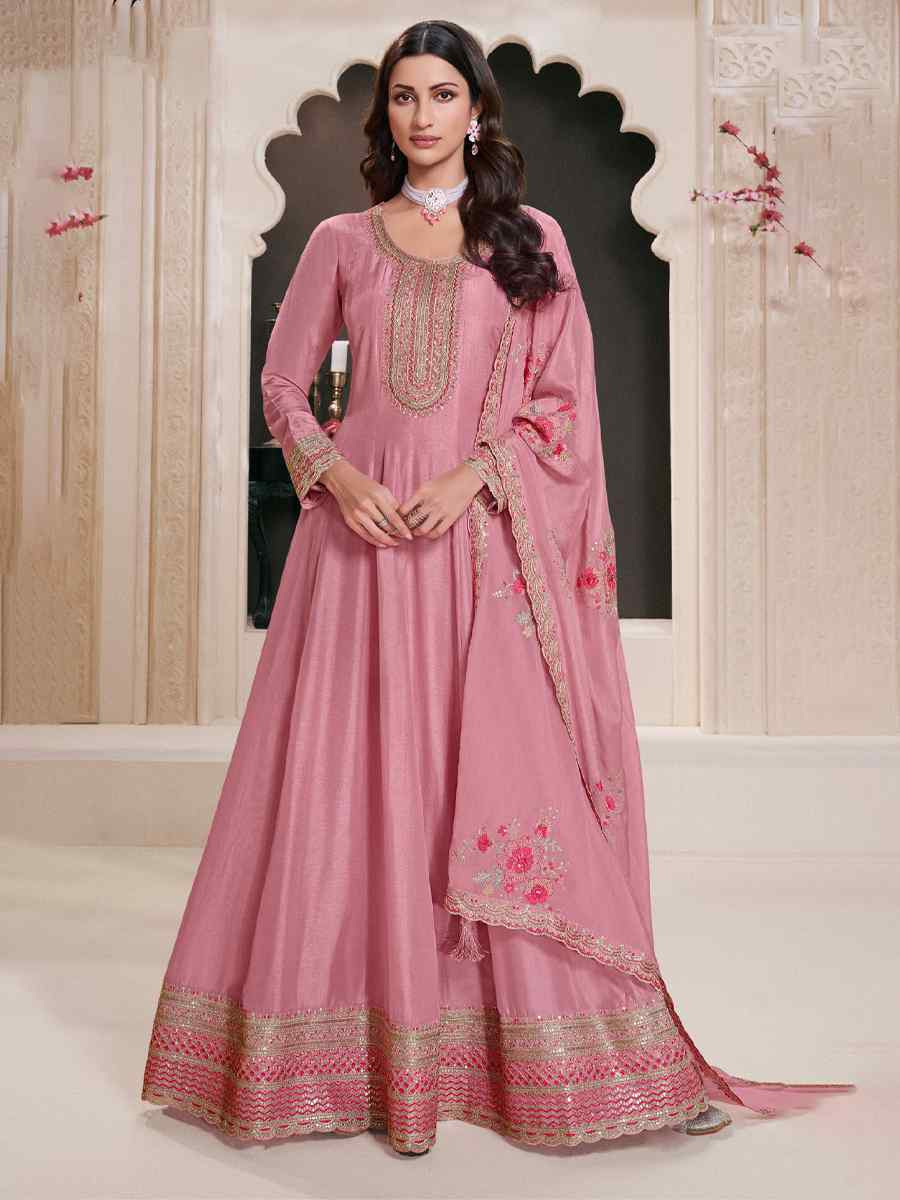 Peach Silk Embroidered Festival Wedding Anarkali Salwar Kameez