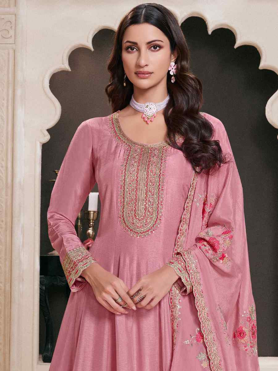 Peach Silk Embroidered Festival Wedding Anarkali Salwar Kameez