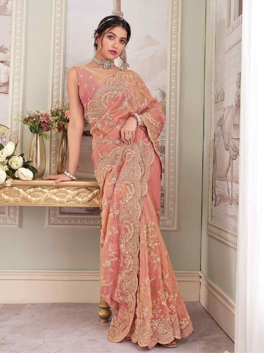 Peach Silk Embroidered Festival Wedding Fancy Heavy Border Saree