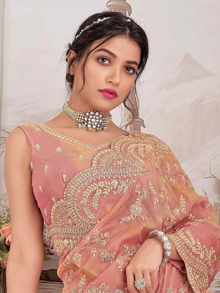 Peach Silk Embroidered Festival Wedding Fancy Heavy Border Saree