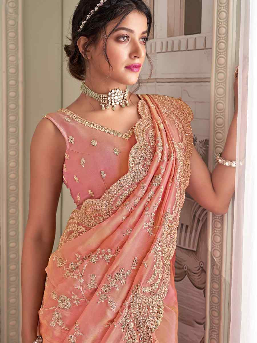 Peach Silk Embroidered Festival Wedding Fancy Heavy Border Saree