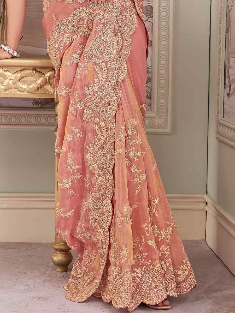 Peach Silk Embroidered Festival Wedding Fancy Heavy Border Saree