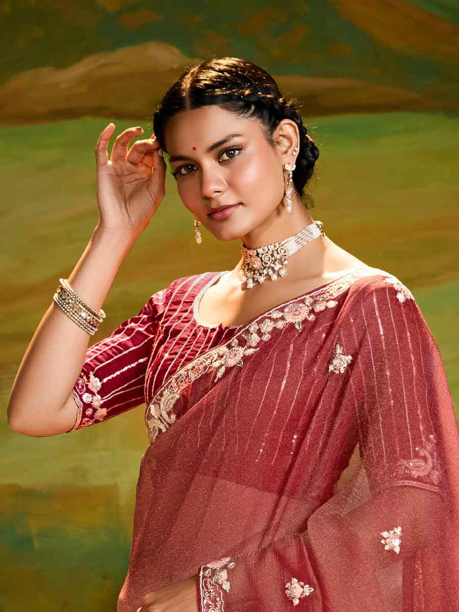 Peach Silk Embroidered Festival Wedding Fancy Heavy Border Saree