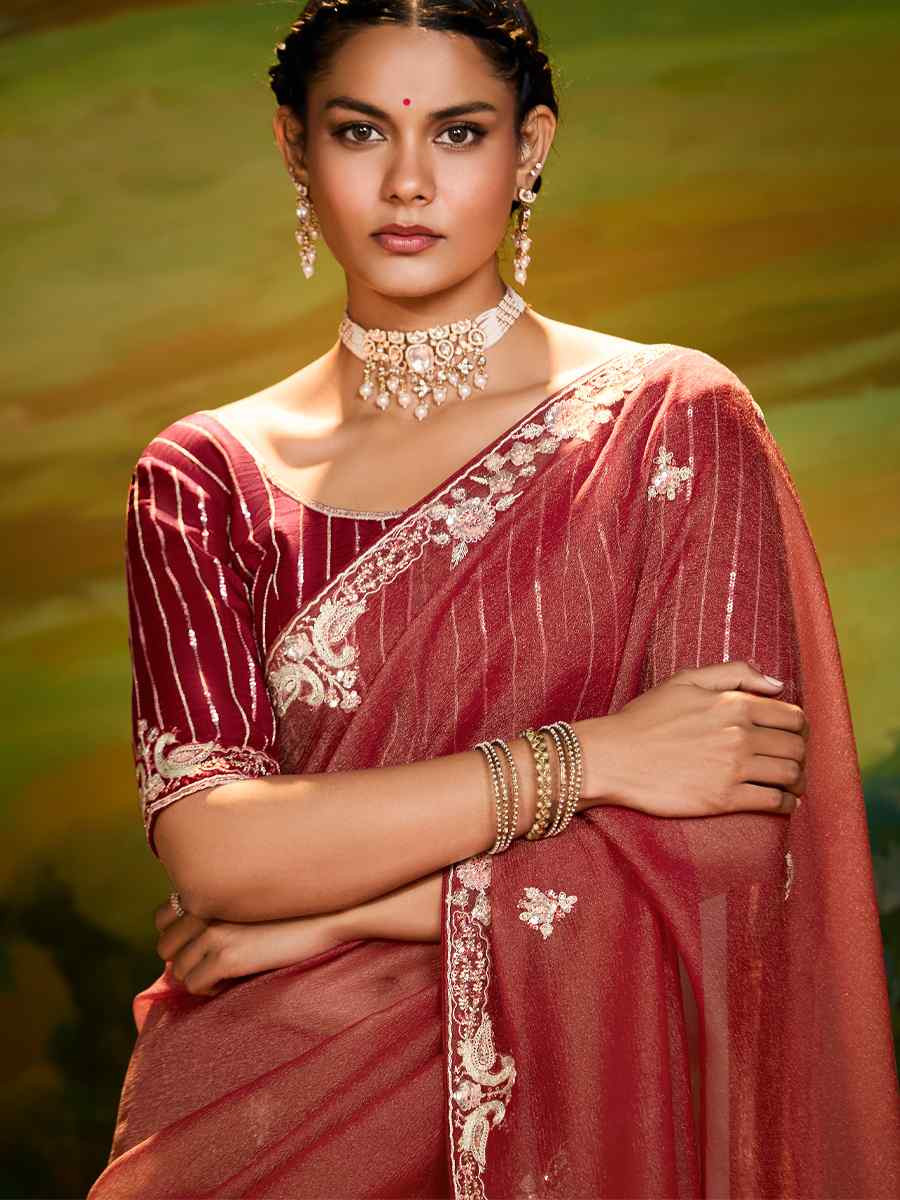 Peach Silk Embroidered Festival Wedding Fancy Heavy Border Saree