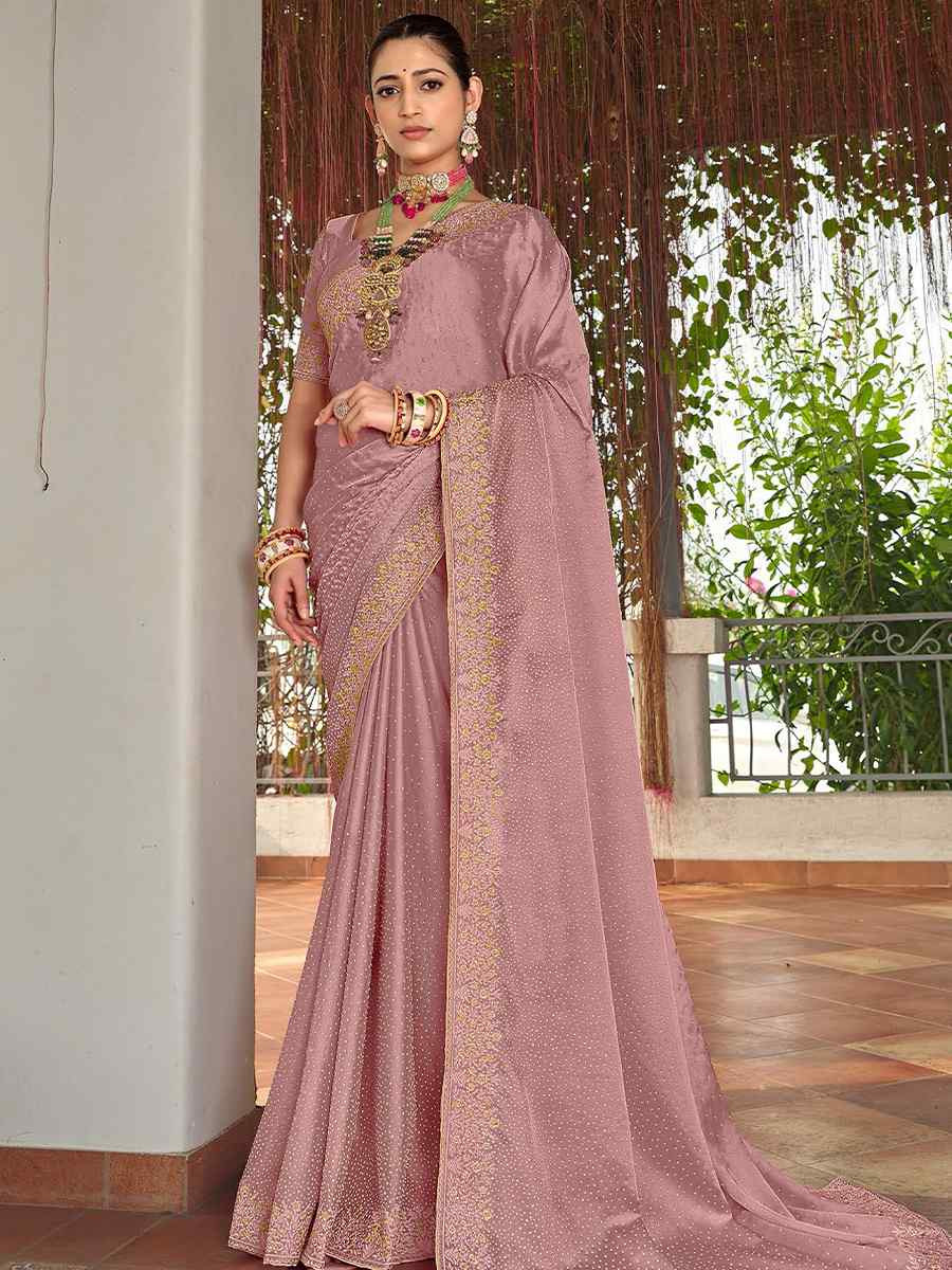 Peach Silk Embroidered Festival Wedding Fancy Heavy Border Saree