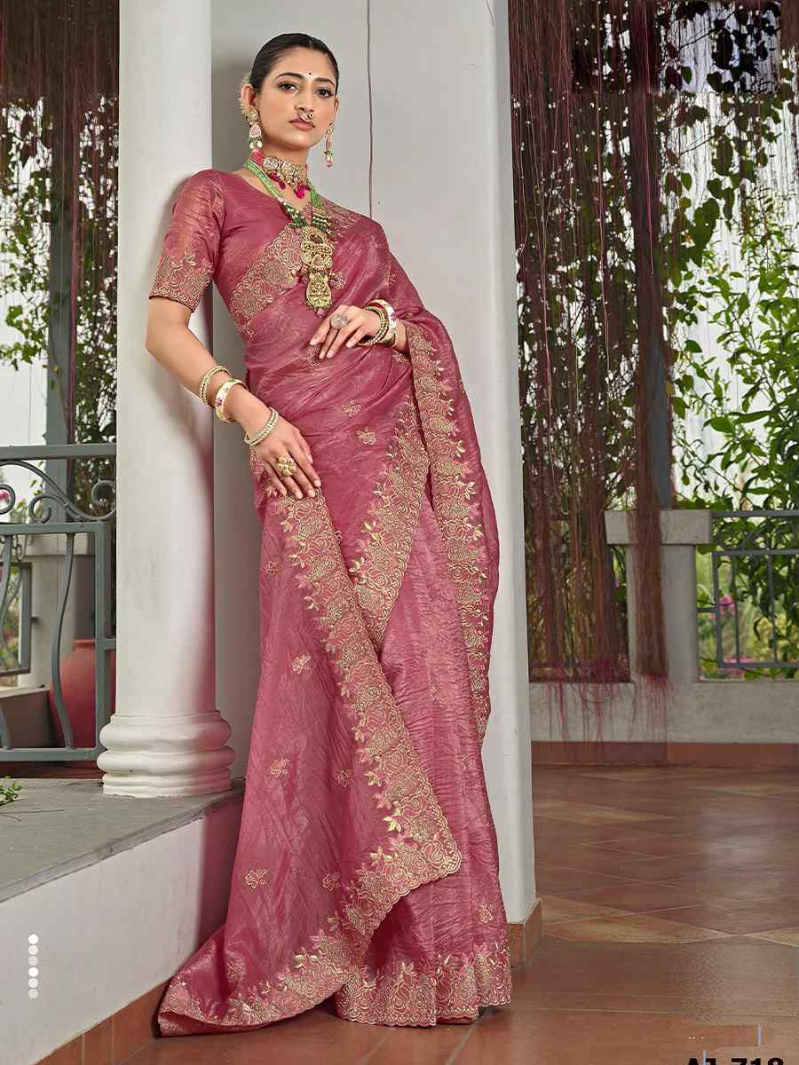 Peach Silk Embroidered Festival Wedding Fancy Heavy Border Saree