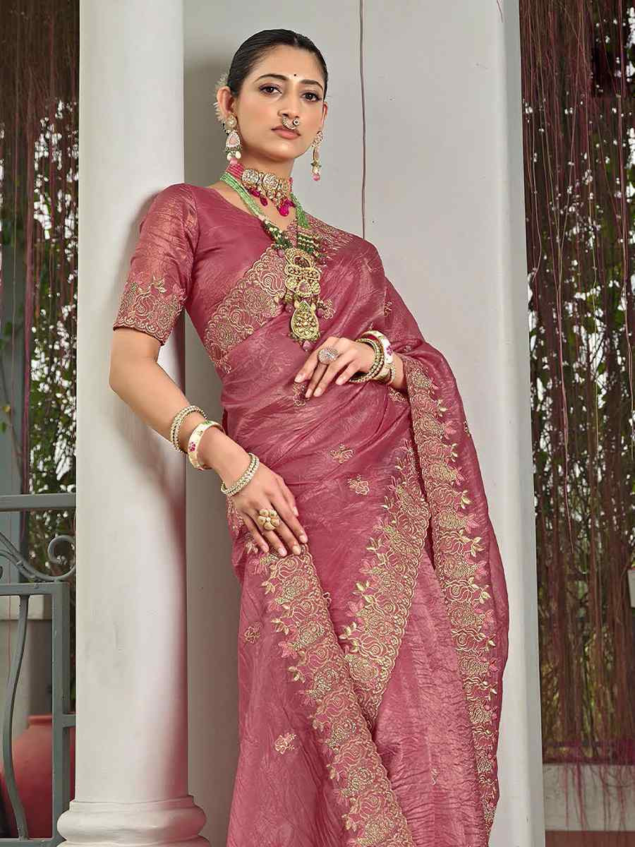 Peach Silk Embroidered Festival Wedding Fancy Heavy Border Saree