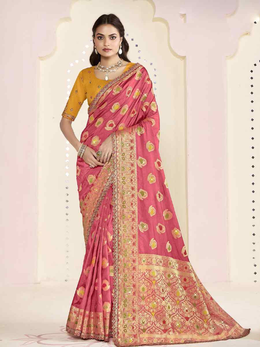 Peach Silk Embroidered Festival Wedding Fancy Heavy Border Saree
