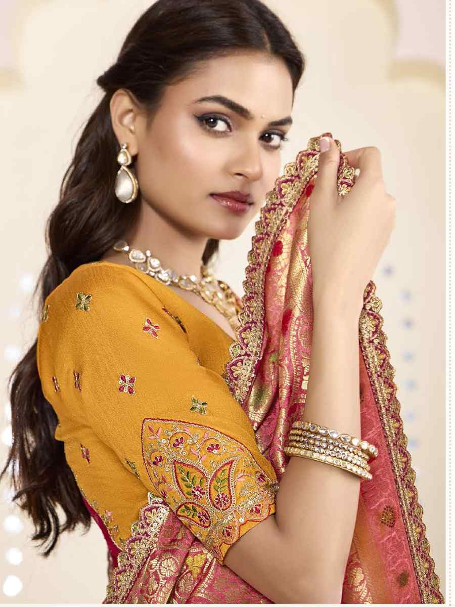 Peach Silk Embroidered Festival Wedding Fancy Heavy Border Saree