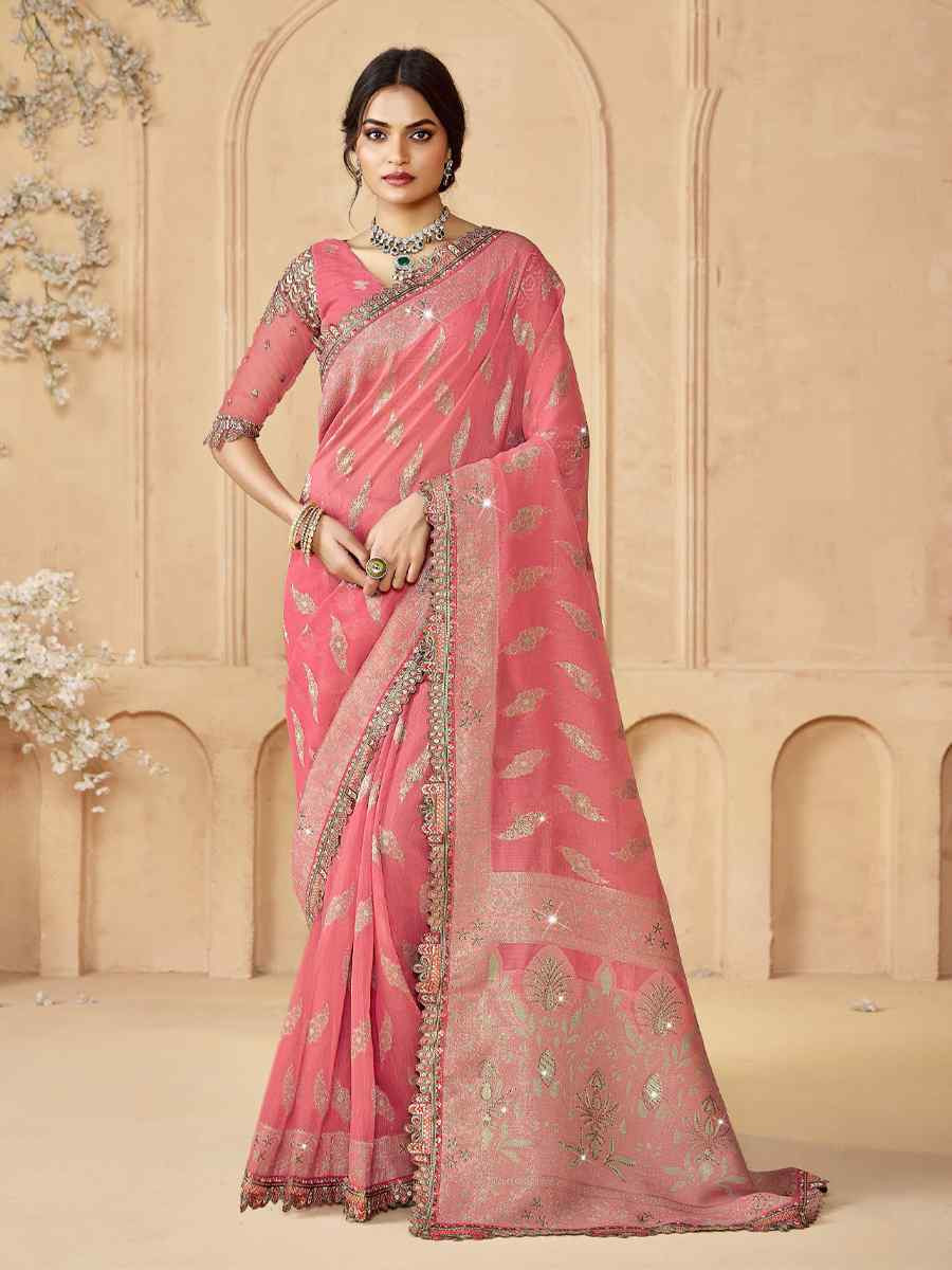 Peach Silk Embroidered Festival Wedding Fancy Heavy Border Saree