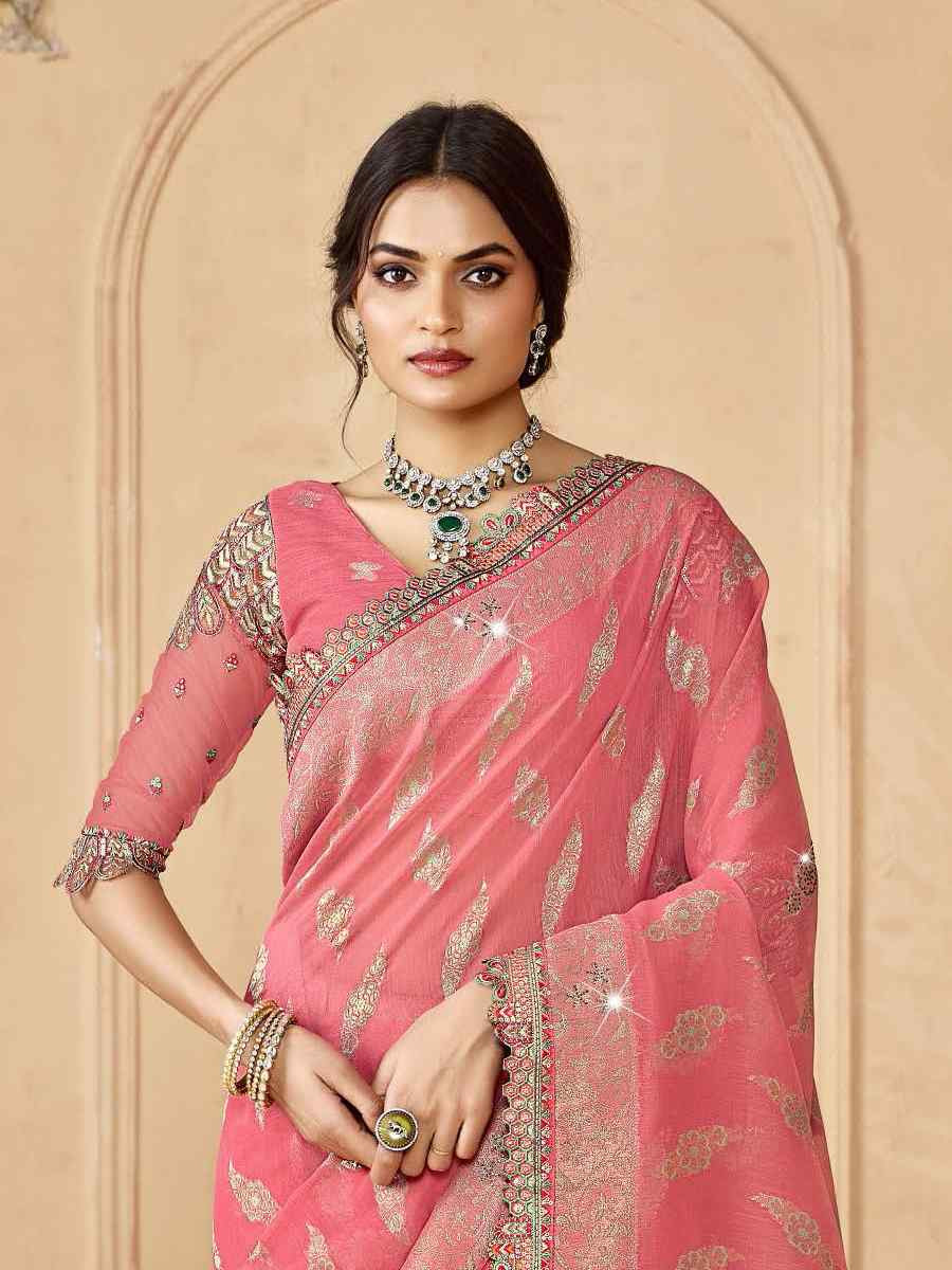 Peach Silk Embroidered Festival Wedding Fancy Heavy Border Saree