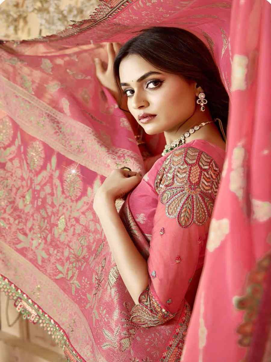 Peach Silk Embroidered Festival Wedding Fancy Heavy Border Saree