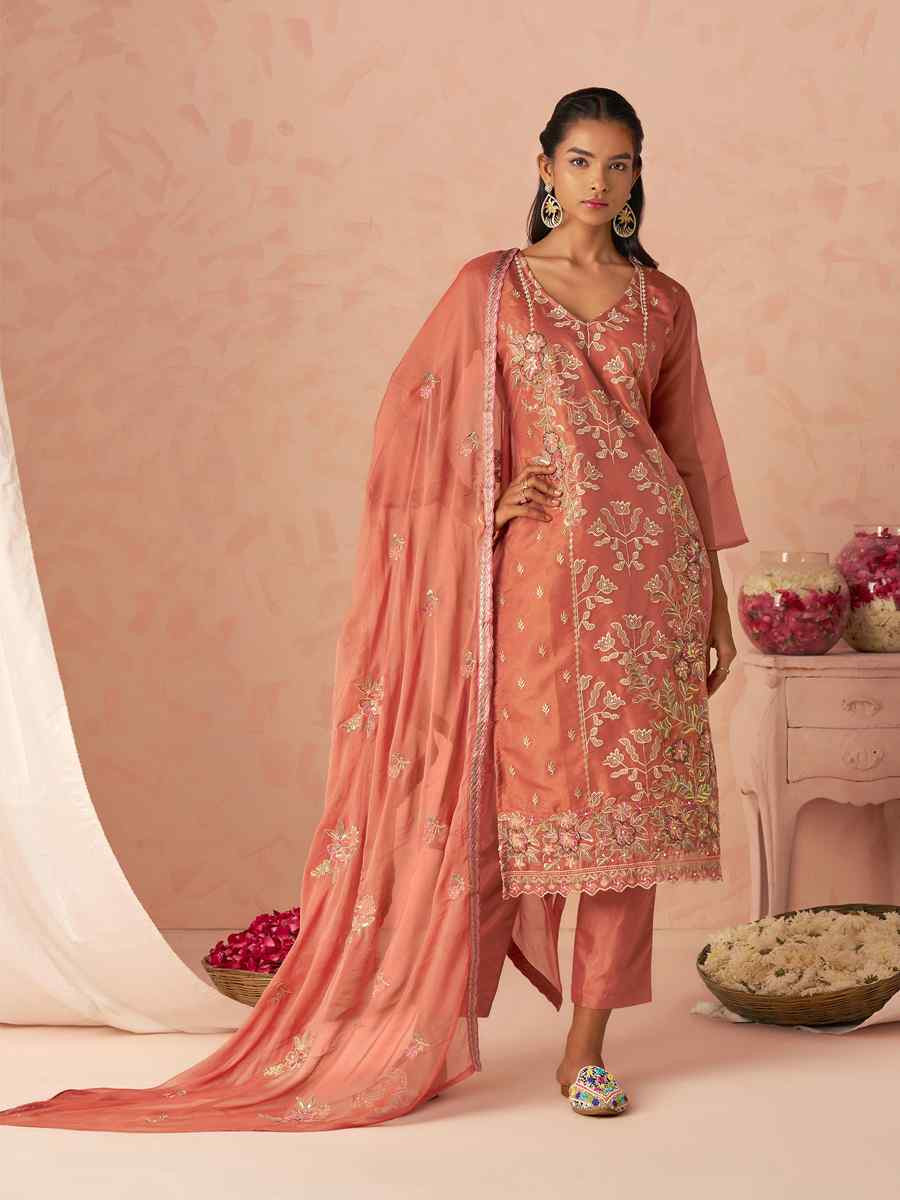Peach Silk Embroidered Party Wedding Ready Pant Salwar Kameez