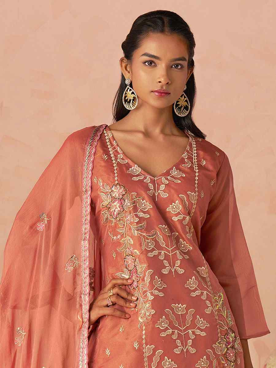 Peach Silk Embroidered Party Wedding Ready Pant Salwar Kameez