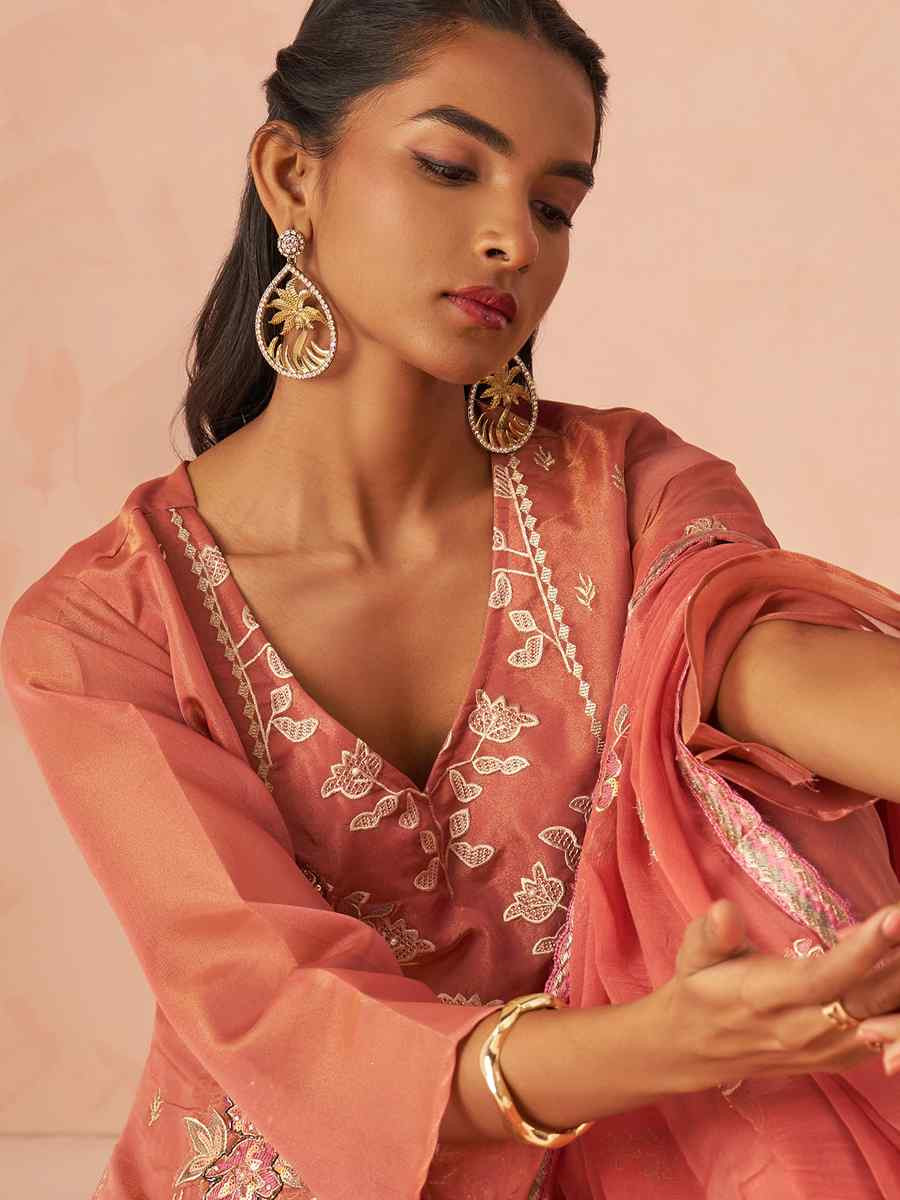 Peach Silk Embroidered Party Wedding Ready Pant Salwar Kameez