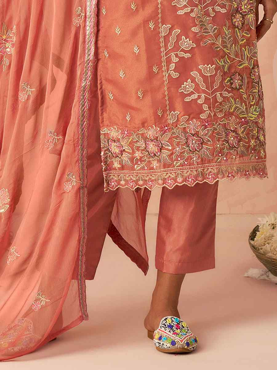 Peach Silk Embroidered Party Wedding Ready Pant Salwar Kameez