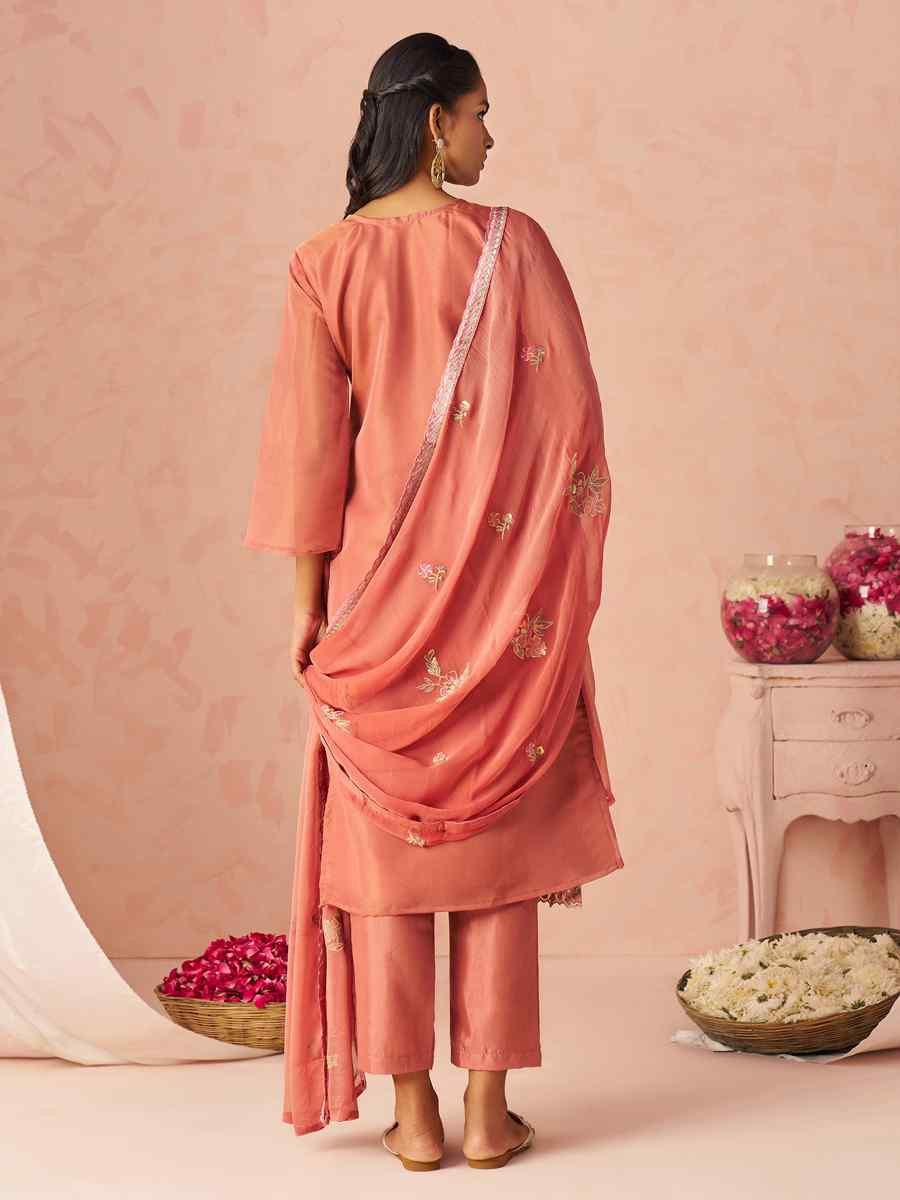 Peach Silk Embroidered Party Wedding Ready Pant Salwar Kameez