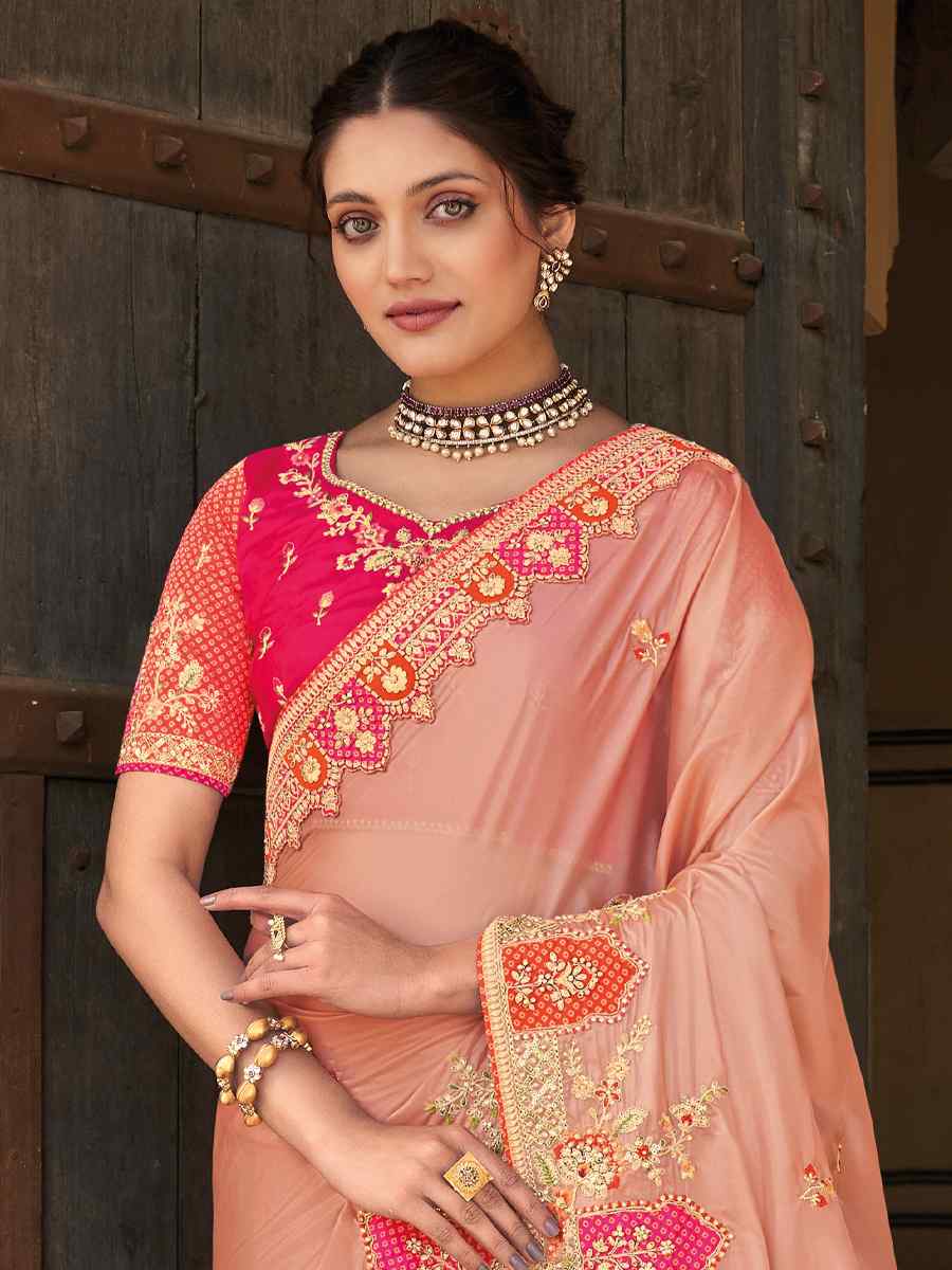 Peach Silk Embroidered Wedding Festival Heavy Border Saree